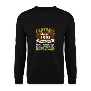 43. Geburtstag Oldtimer Modell 1981 43 Jahre - Unisex Pullover - Schwarz - Vorne - Alina (178cm) & Michal (187cm)