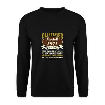 53. Geburtstag Oldtimer Modell 1971 53 Jahre - Unisex Pullover - Schwarz - Vorne - Alina (178cm) & Michal (187cm)