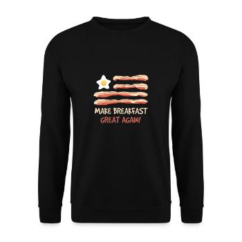 Make Breakfast Make Great Again Schweinespeck - Unisex Pullover - Schwarz - Vorne - Alina (178cm) & Michal (187cm)