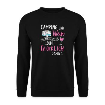 Camping und Wein Wohnwagen Camper Campingplatz - Unisex Pullover - Schwarz - Vorne - Alina (178cm) & Michal (187cm)