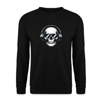Kopfskelett mit Kopfhörern und Sonnenbrille - Unisex Pullover - Schwarz - Vorne - Alina (178cm) & Michal (187cm)
