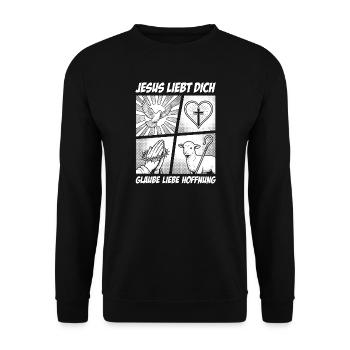 Jesus liebt dich: Glaube Liebe Hoffnung - Unisex Pullover - Schwarz - Vorne - Alina (178cm) & Michal (187cm)