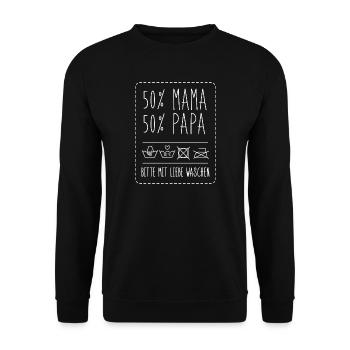Lustige Waschanleitung 50 % Mama Papa Spruch - Unisex Pullover - Schwarz - Vorne - Alina (178cm) & Michal (187cm)