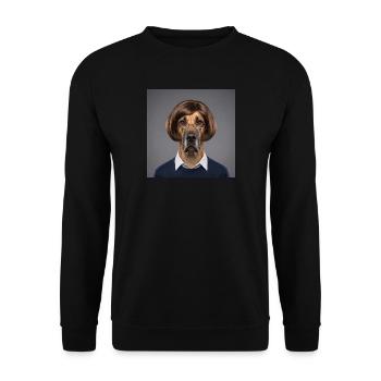 Deutsche Dogge mit Perücke und Brille im Anzug - Unisex Pullover - Schwarz - Vorne - Alina (178cm) & Michal (187cm)