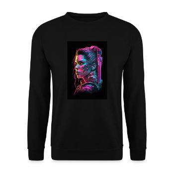 Futuristische Cyberpunk und Synthwave Femme Fatale - Unisex Pullover - Schwarz - Vorne - Alina (178cm) & Michal (187cm)