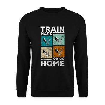 Training Sportlich Schwitzen Fitnesstrainer - Unisex Pullover - Schwarz - Vorne - Alina (178cm) & Michal (187cm)