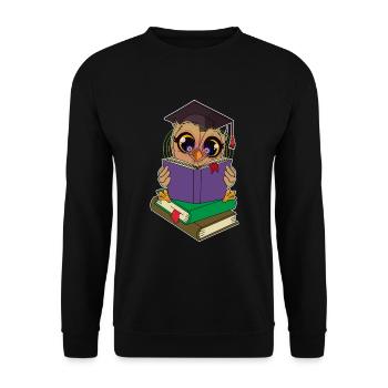 Lese Eule mit Büchern - Unisex Pullover - Schwarz - Vorne - Alina (178cm) & Michal (187cm)