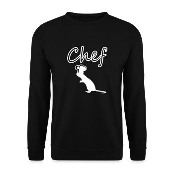 Chefkoch Comicfigur Ratte mit Kochmütze Geschenk - Unisex Pullover - Schwarz - Vorne - Alina (178cm) & Michal (187cm)