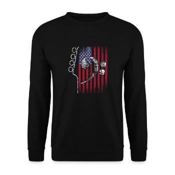 Amerikanische Flagge mit Gitarre und Bassschlüssel - Unisex Pullover - Schwarz - Vorne - Alina (178cm) & Michal (187cm)