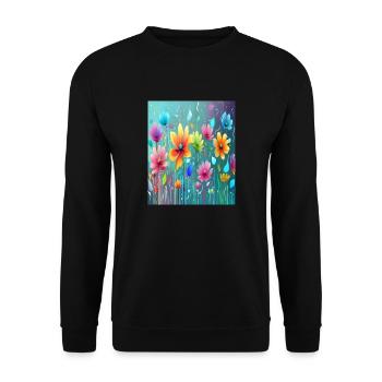 Skurrile Garten-Fata Morgana: Neonfarbene bunte Blumen - Unisex Pullover - Schwarz - Vorne - Alina (178cm) & Michal (187cm)