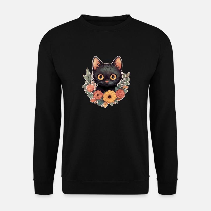 Schwarze Katze Blumen Kinder Comic Katzen Fan - Unisex Pullover - Schwarz