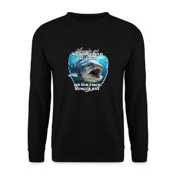 Geduld ist eine Tugend, Angeln auch - Unisex Pullover - Schwarz - Vorne - Alina (178cm) & Michal (187cm)