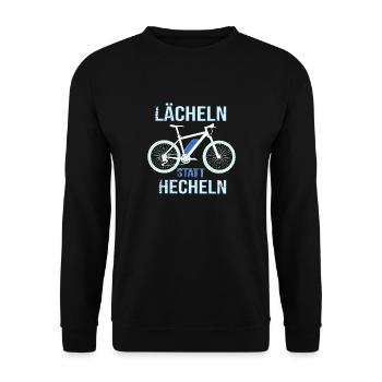 E-Bike Spruch - LÄCHELN statt HECHELN - Unisex Pullover - Schwarz - Vorne - Alina (178cm) & Michal (187cm)