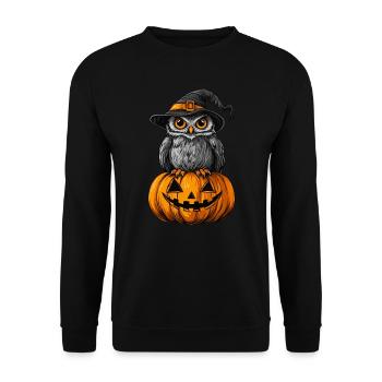 Lustige Halloween Eule - Unisex Pullover - Schwarz - Vorne - Alina (178cm) & Michal (187cm)