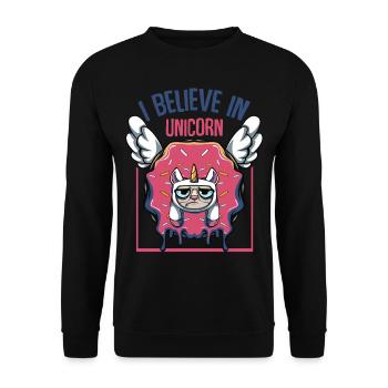 I Believe In Unicorn | Donut Katzen Candy Geschenk - Unisex Pullover - Schwarz - Vorne - Alina (178cm) & Michal (187cm)