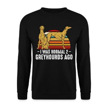 I Was Normal 2 Greyhounds Ago Hundehalter Geschenk - Unisex Pullover - Schwarz - Vorne - Alina (178cm) & Michal (187cm)