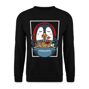 Niedlicher Kawaii Ramen Pinguin Geschenkidee - Unisex Pullover - Schwarz - Vorne - Alina (178cm) & Michal (187cm)