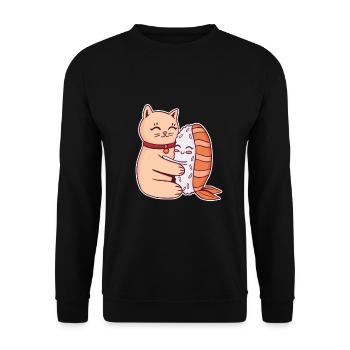 Katze umarmt Sushi Nigiri Japan - Unisex Pullover - Schwarz - Vorne - Alina (178cm) & Michal (187cm)