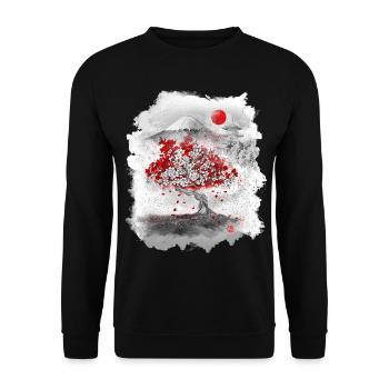 Mount Fuji hinter einem Kirschbaum - Unisex Pullover - Schwarz - Vorne - Alina (178cm) & Michal (187cm)