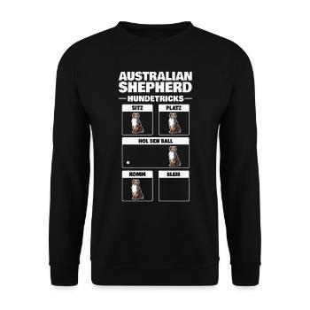 Aussie Tricks Australian Shepherd Hundetricks - Unisex Pullover - Schwarz - Vorne - Alina (178cm) & Michal (187cm)