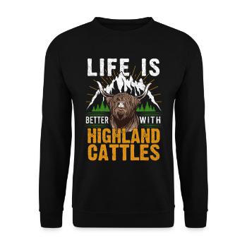 Life is better with Highland Cattle Kuh Rinder - Unisex Pullover - Schwarz - Vorne - Alina (178cm) & Michal (187cm)