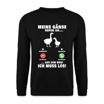 Meine Gänse rufen Aus dem Weg ich muss los Gans - Unisex Pullover - Schwarz - Vorne - Alina (178cm) & Michal (187cm)