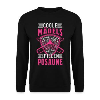 Coole Mädels spielen Posaune Mädchen Posaunistin - Unisex Pullover - Schwarz - Vorne - Alina (178cm) & Michal (187cm)