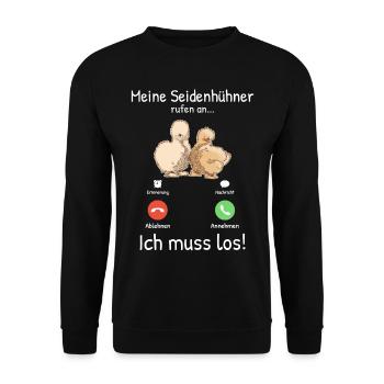 Meine Seidenhühner rufen an Seidenhuhn Silkie Huhn - Unisex Pullover - Schwarz - Vorne - Alina (178cm) & Michal (187cm)