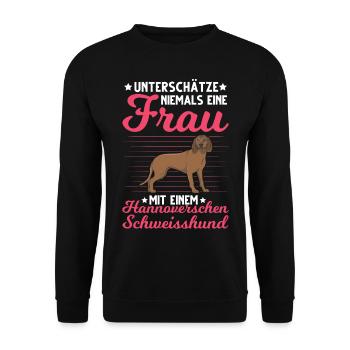 Hannoverscher Schweißhund Frau Jagdhund - Unisex Pullover - Schwarz - Vorne - Alina (178cm) & Michal (187cm)