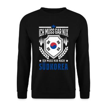 Ich muss gar nix Ich muss nur nach Südkorea Urlaub - Unisex Pullover - Schwarz - Vorne - Alina (178cm) & Michal (187cm)