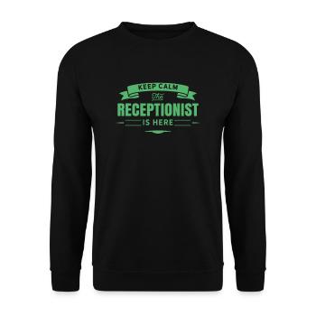 Bleib ruhig der Rezeptionist ist hier Rezeption - Unisex Pullover - Schwarz - Vorne - Alina (178cm) & Michal (187cm)