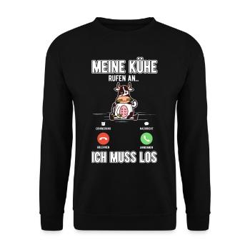 Meine Kühe rufen an Ich muss los - Unisex Pullover - Schwarz - Vorne - Alina (178cm) & Michal (187cm)