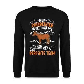 Freiberger Pferd und Ich Perfektes Team - Unisex Pullover - Schwarz - Vorne - Alina (178cm) & Michal (187cm)