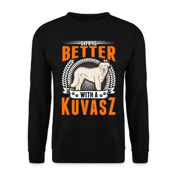 Life is better with a Kuvasz Dog - Unisex Pullover - Schwarz - Vorne - Alina (178cm) & Michal (187cm)