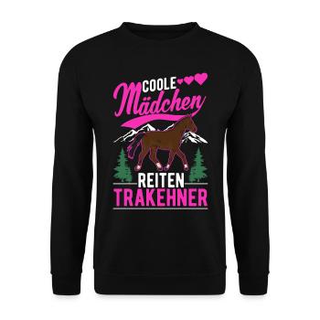 Coole Mädchen reiten Trakehner - Unisex Pullover - Schwarz - Vorne - Alina (178cm) & Michal (187cm)