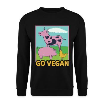 Go Vegan Veganer Kuh Schwein Huhn Vegetarier - Unisex Pullover - Schwarz - Vorne - Alina (178cm) & Michal (187cm)