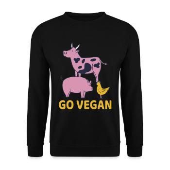 Go Vegan Veganer Kuh Schwein Huhn Vegetarier - Unisex Pullover - Schwarz - Vorne - Alina (178cm) & Michal (187cm)