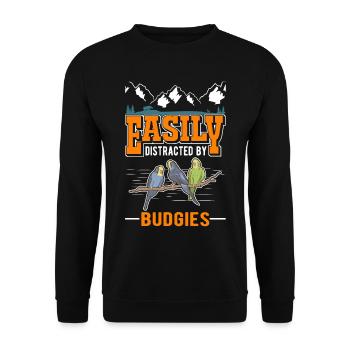 Facilement distrait par les perruches Budgerigar - Sweat-shirt Unisexe - noir - Devant - Alina (178cm) & Michal (187cm)