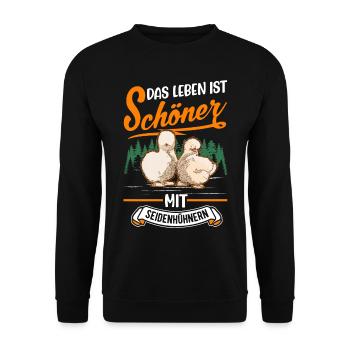 Das Leben ist schöner mit Seidenhühnern - Unisex Pullover - Schwarz - Vorne - Alina (178cm) & Michal (187cm)