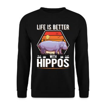 Life is better with a Hippo Nilpferd Flusspferd - Unisex Sweatshirt - black - Front - Alina (178cm) & Michal (187cm)