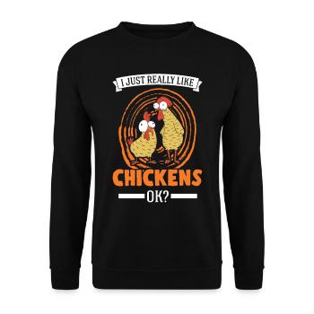 I just really like Chickens Landwirt Hühner - Unisex Pullover - Schwarz - Vorne - Alina (178cm) & Michal (187cm)
