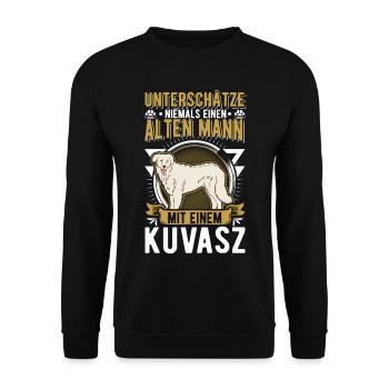 Kuvasz Alter Mann Ungarischer Kuvasz Rentner - Unisex Pullover - Schwarz - Vorne - Alina (178cm) & Michal (187cm)