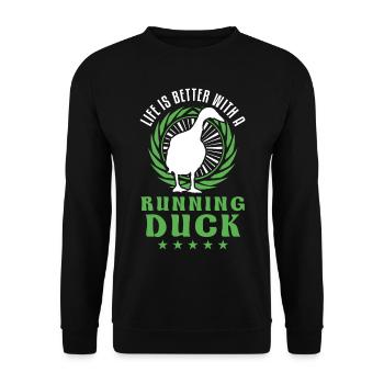 Life is better with a Running Duck Laufente - Unisex Sweatshirt - black - Front - Alina (178cm) & Michal (187cm)
