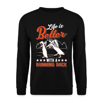Life is better with a Running Duck Laufente - Unisex Sweatshirt - black - Front - Alina (178cm) & Michal (187cm)