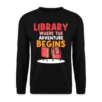 Bibliothek Wo Das Abenteuer Beginnt Bibliothekar - Unisex Pullover - Schwarz - Vorne - Alina (178cm) & Michal (187cm)