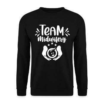 Team Geburtshilfe Sprüche Beruf Hebammen Hebamme - Unisex Pullover - Schwarz - Vorne - Alina (178cm) & Michal (187cm)