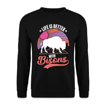 Life is better with a buffalo Buffalo - Unisex Sweatshirt - black - Front - Alina (178cm) & Michal (187cm)