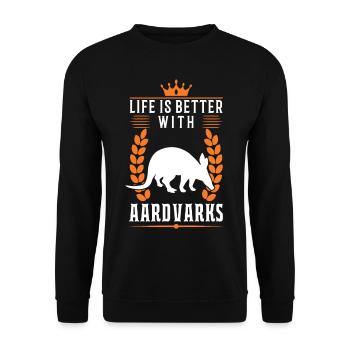 Das Leben ist besser mit Erdferkel - Unisex Pullover - Schwarz - Vorne - Alina (178cm) & Michal (187cm)