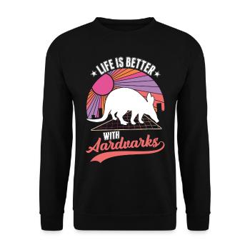 Das Leben ist besser mit Erdferkel - Unisex Pullover - Schwarz - Vorne - Alina (178cm) & Michal (187cm)
