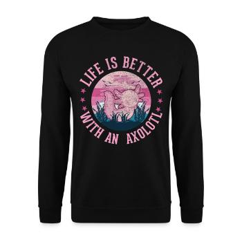 Das Leben ist besser mit einem Axolotl - Unisex Pullover - Schwarz - Vorne - Alina (178cm) & Michal (187cm)